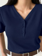Less Solid Rib Knit Button Front Tee Old Money Style