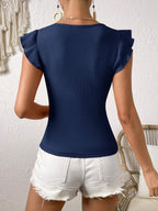 Solid Color Ribbed Knit Cap Sleeve Tee