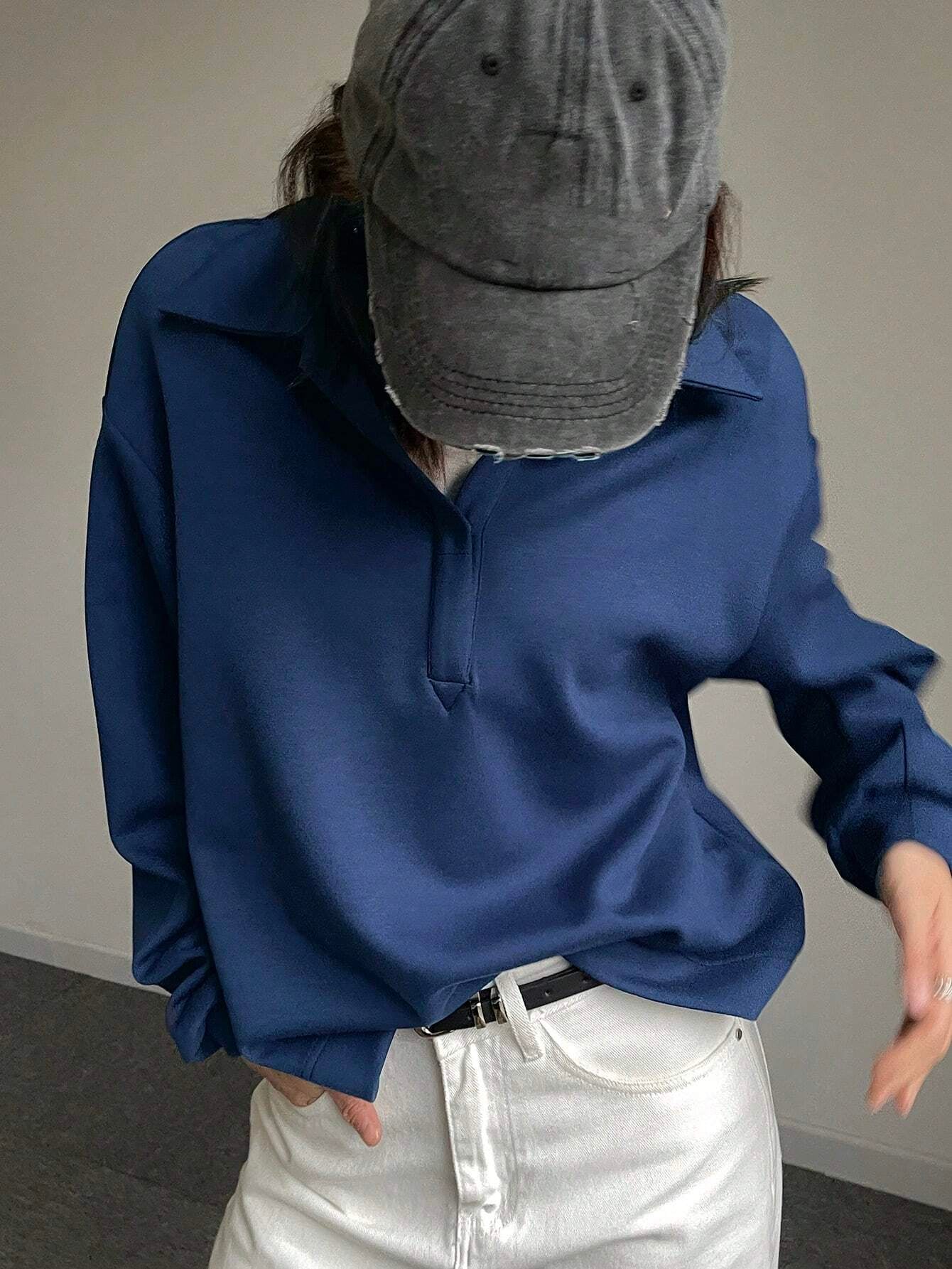 Solid Color Drop Shoulder Long Sleeve Loose Casual Sweatshirt