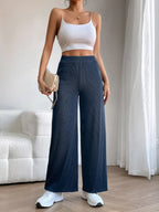 Solid Ribbed Knit Wide Leg Pants