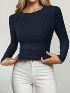 Solid Color Split Half-Length Long-Sleeved Round Neck New Women's Top