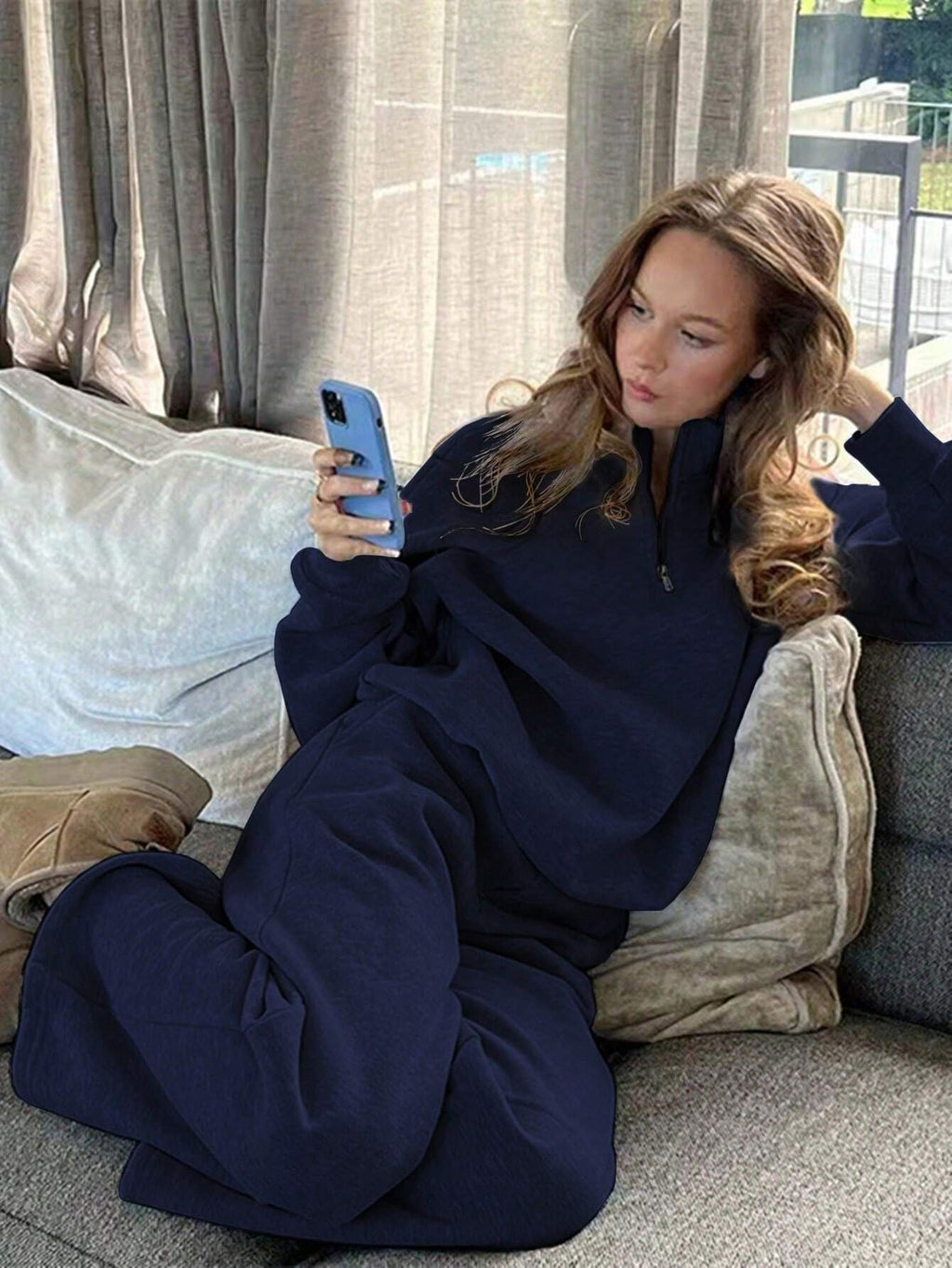 Solid Color Zipper Half Placket Dropped Shoulder Long Sleeve Sweatshirt And Loose Casual Pants 2 Pieces Set