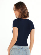 V-Neck Short Sleeve Solid Color Slim Fit Casual Tee