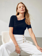 Solid Asymmetrical Neck Slim Fit Tee