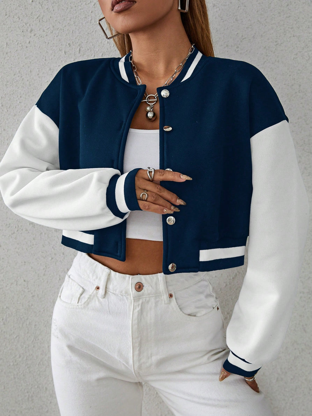 Drop Shoulder Two Tone Crop Varsity Jacket Fall Winter Cloth For Women