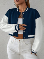 Drop Shoulder Two Tone Crop Varsity Jacket Fall Winter Cloth For Women