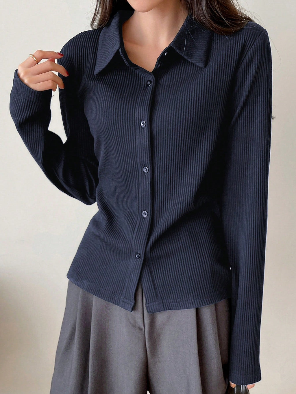 Ribbed Button-Up Shirt - Long Sleeve Collared Knit Blouse, Slim Fit Casual Top