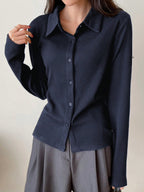 Ribbed Button-Up Shirt - Long Sleeve Collared Knit Blouse, Slim Fit Casual Top