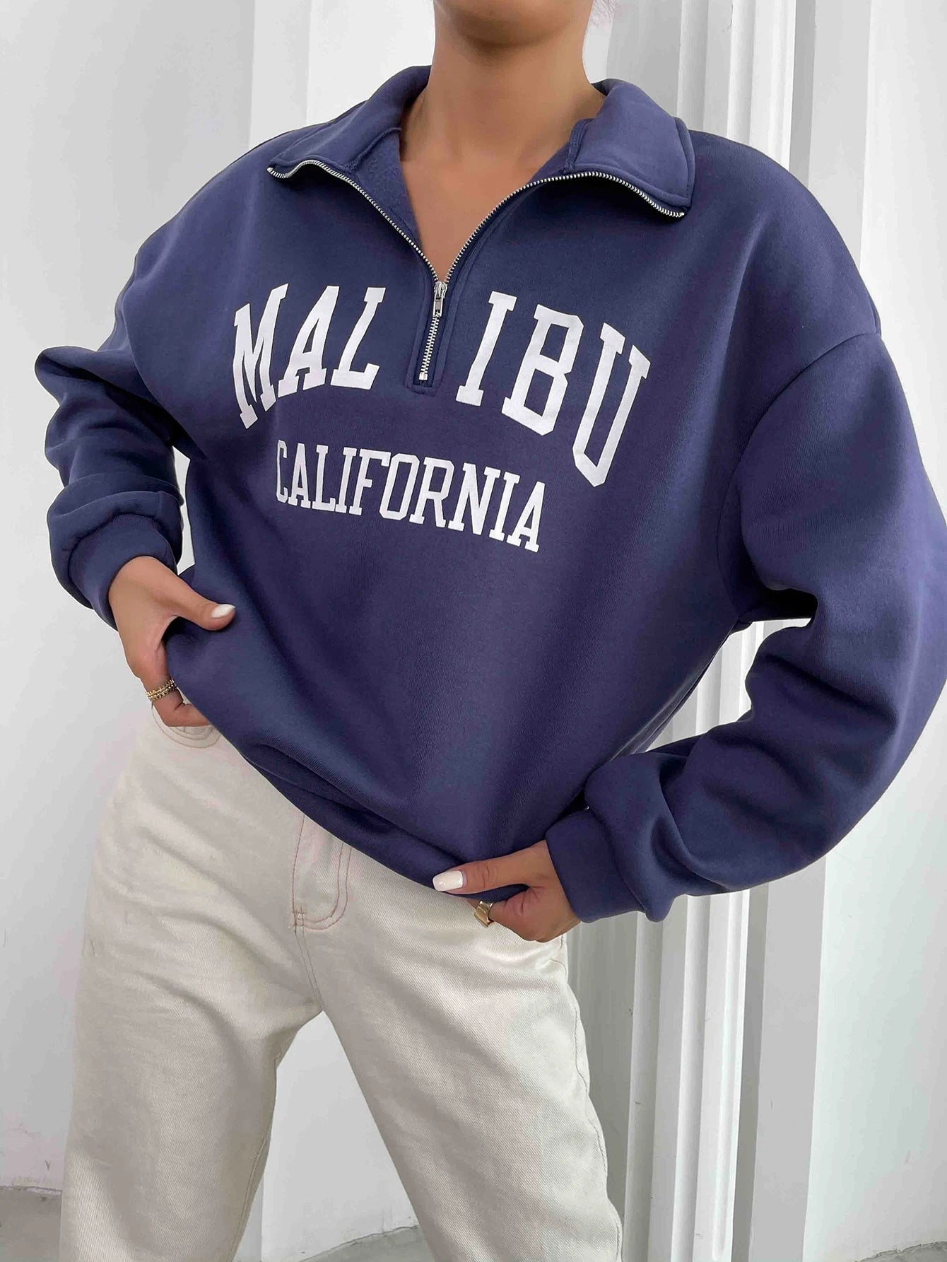 Letter Graphic Half Zip Drop Shoulder Thermal Lined Sweatshirt