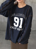 Round Neck Contrast Stitching Wavy Hem Letter Print Sporty Long Sleeve Street T-Shirt, Autumn