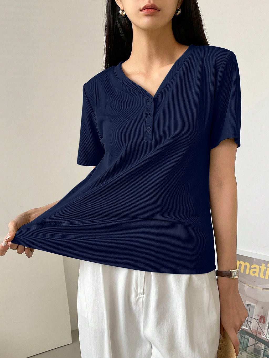 Less Solid Rib Knit Button Front Tee Old Money Style
