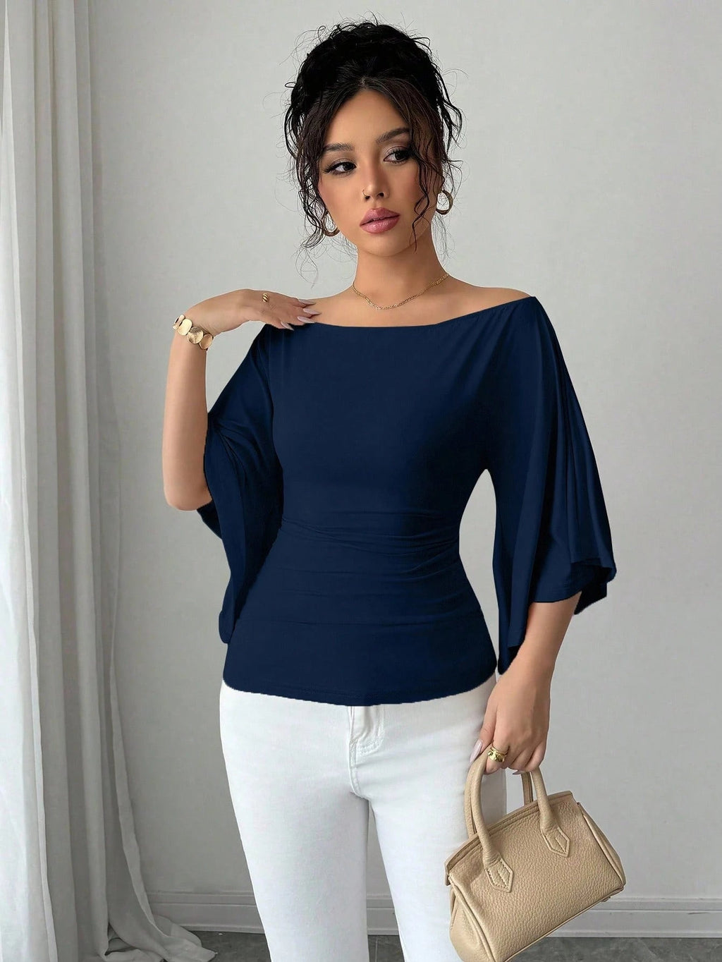 Solid Color Boat Neck Flare Sleeve Knit Fashion T-Shirt