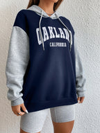 Letter Graphic Colorblock Drop Shoulder Drawstring Thermal Hoodie, Long Sleeve
