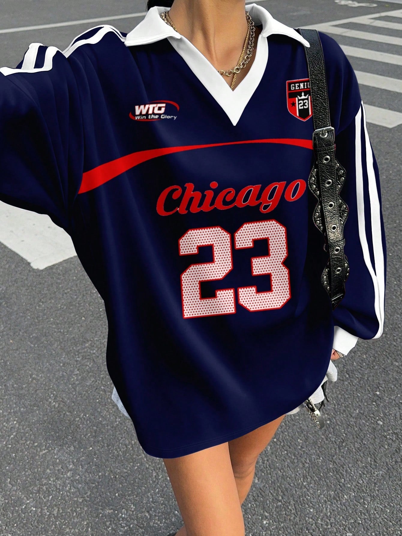 Casual Contrast Color Polo Collar Long Sleeve Loose T-Shirt