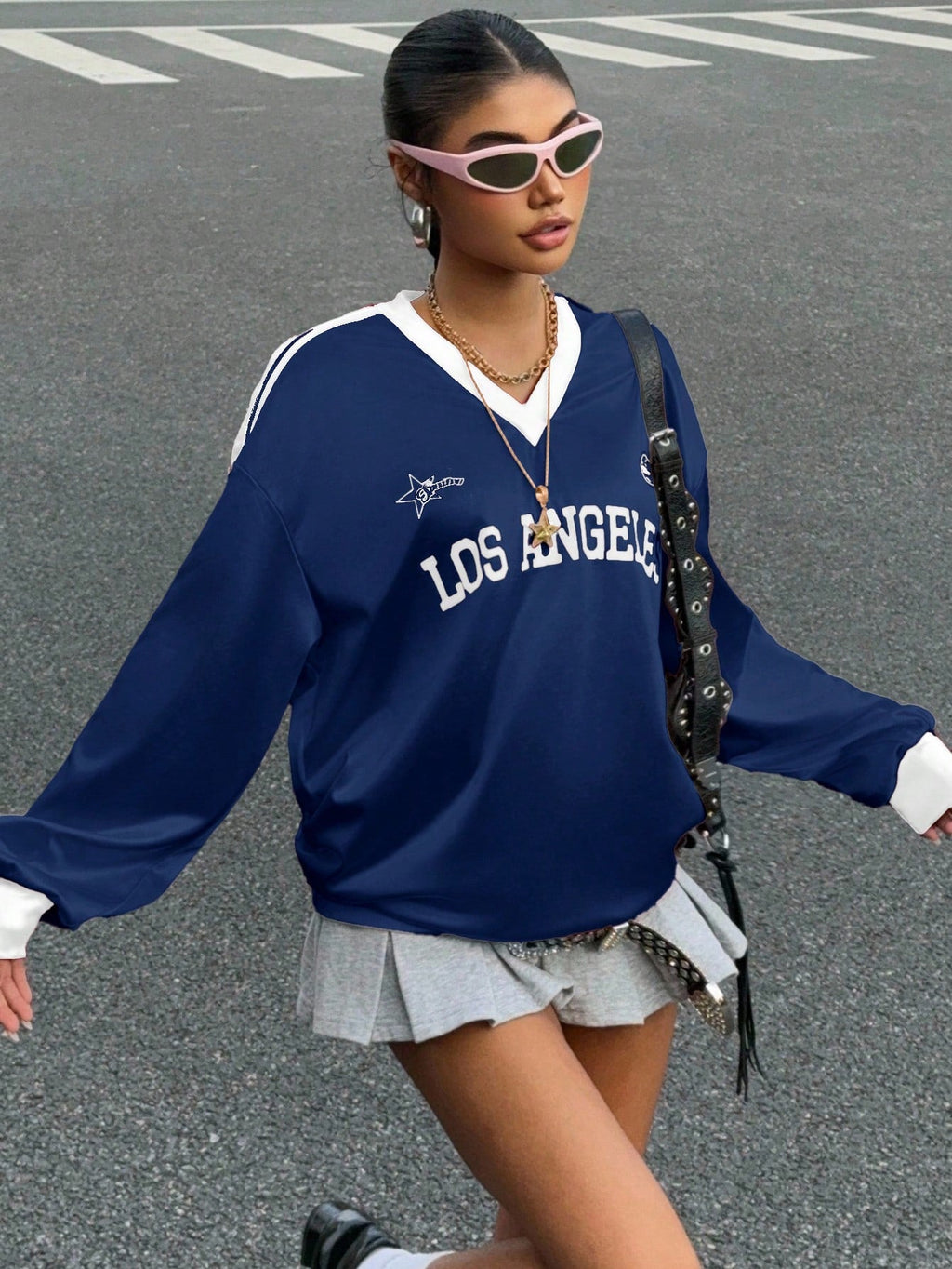 New Letter Print Colorblock Long Sleeve Casual T-Shirt