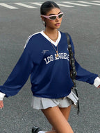 New Letter Print Colorblock Long Sleeve Casual T-Shirt