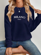 Casual Minimalist Milano Print Pattern White Round Neck Loose Fit Long Sleeve Sweatshirt