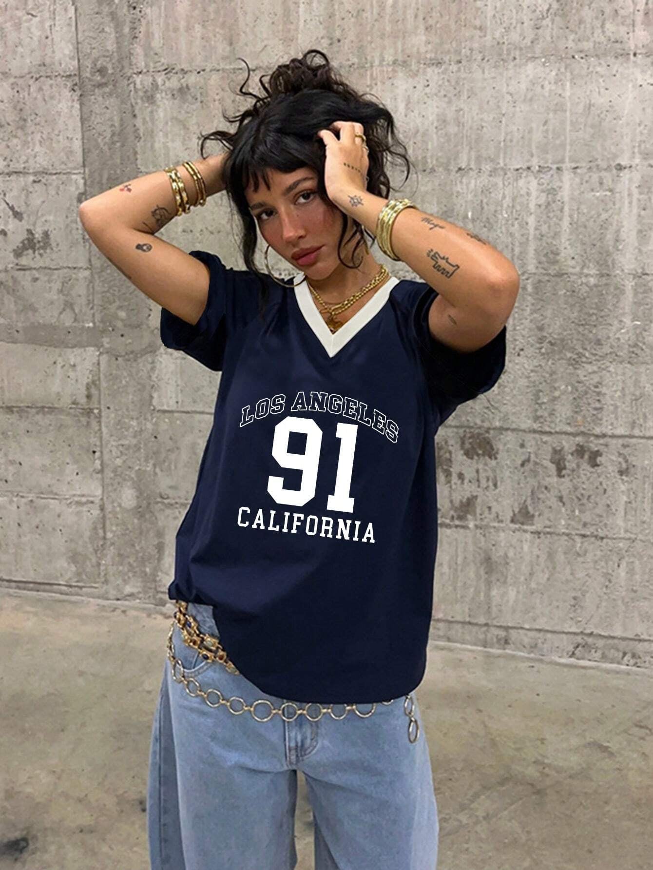 European Cup Number Printed Loose V-Neck T-Shirt, Street Style Sports Slogan