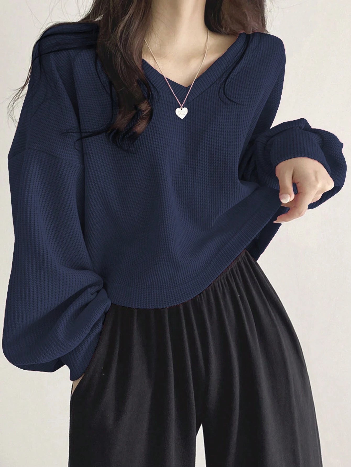 Solid Color V-Neck Dropped Shoulder Long Sleeve Loose Casual T-Shirt