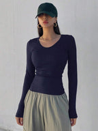 Solid Color Ribbed Slim Fit Long Sleeve T-Shirt