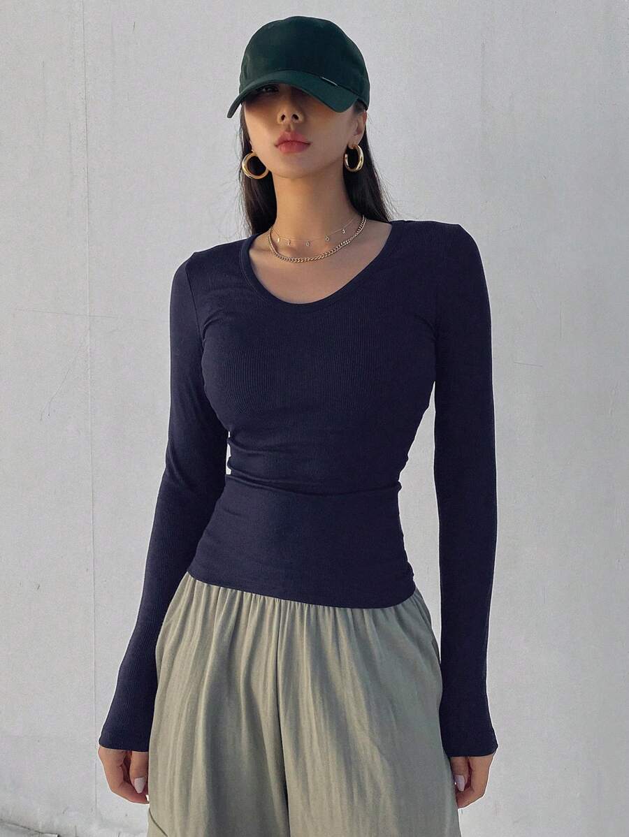 Solid Color Ribbed Slim Fit Long Sleeve T-Shirt