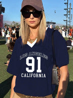 European Cup Number Printed Loose V-Neck T-Shirt, Street Style Sports Slogan