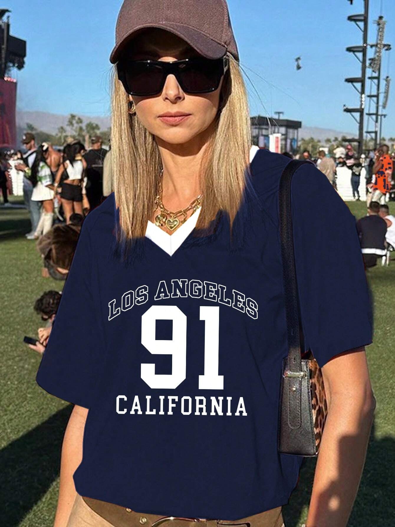 European Cup Number Printed Loose V-Neck T-Shirt, Street Style Sports Slogan