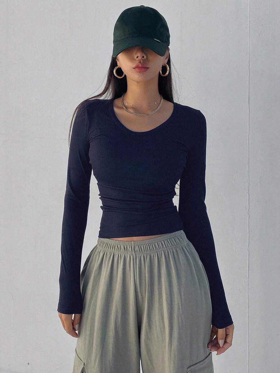 Solid Color Ribbed Slim Fit Long Sleeve T-Shirt