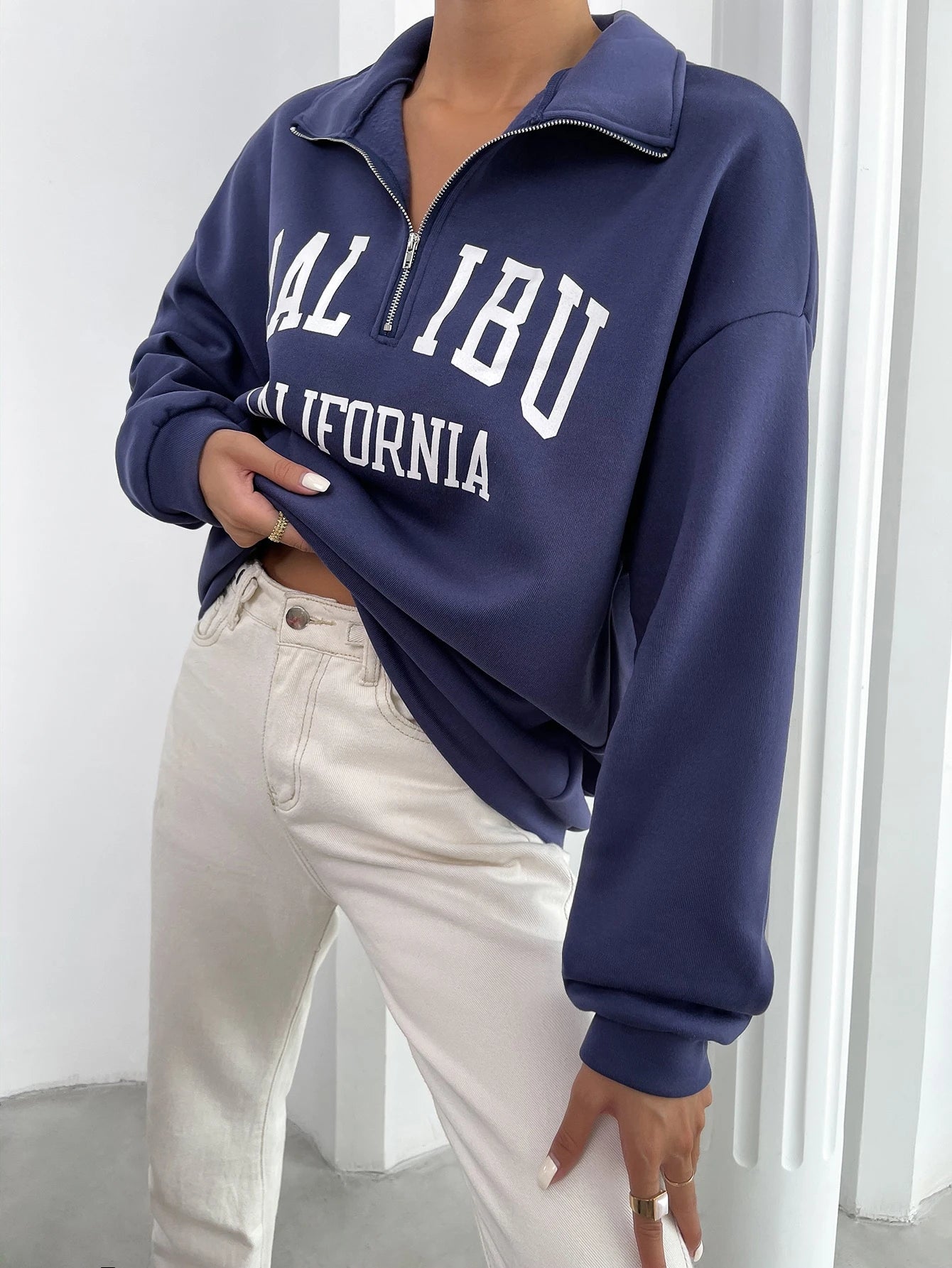 Letter Graphic Half Zip Drop Shoulder Thermal Lined Sweatshirt