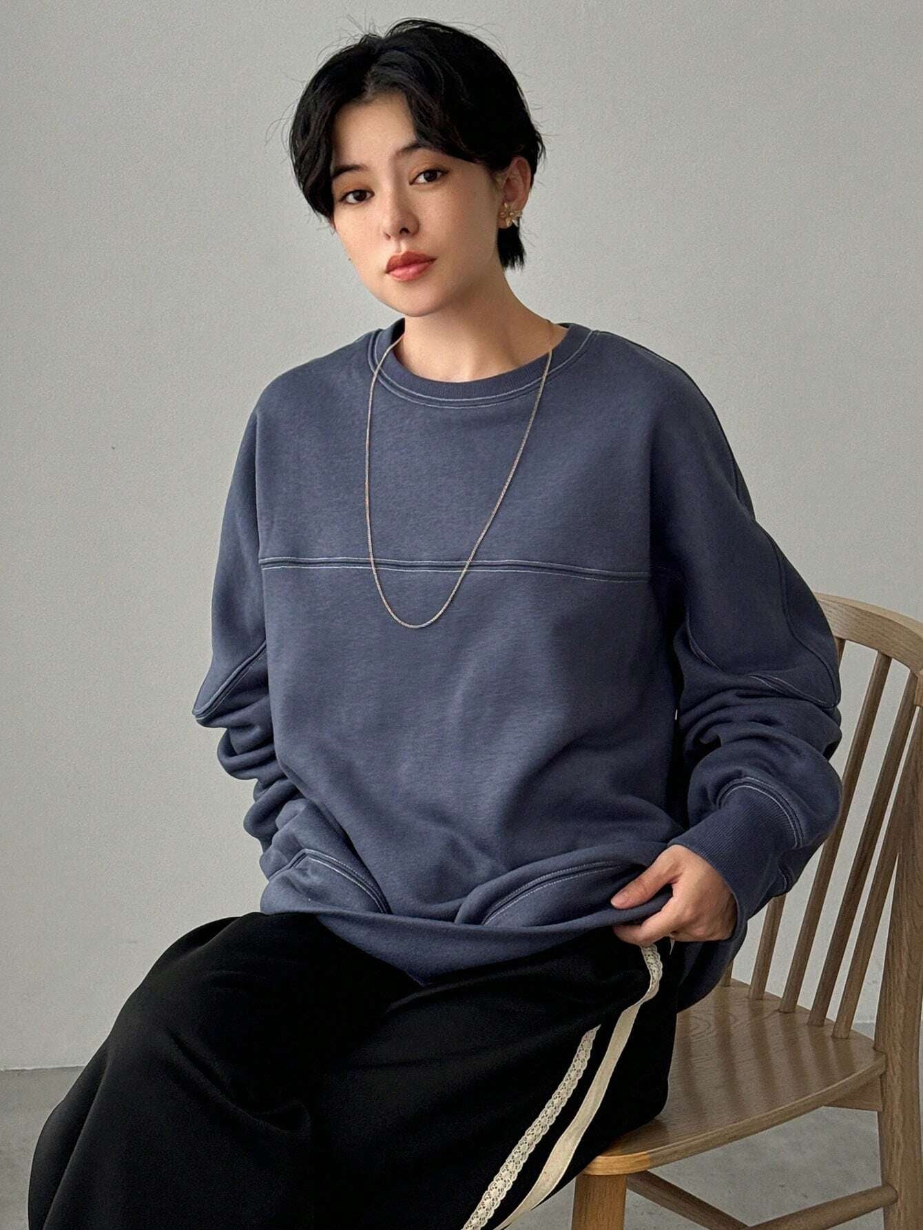Round Neck Contrast Color Loose Oversized Pullover Sweatshirt, Autumn & Winter