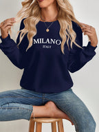 Casual Minimalist Milano Print Pattern White Round Neck Loose Fit Long Sleeve Sweatshirt