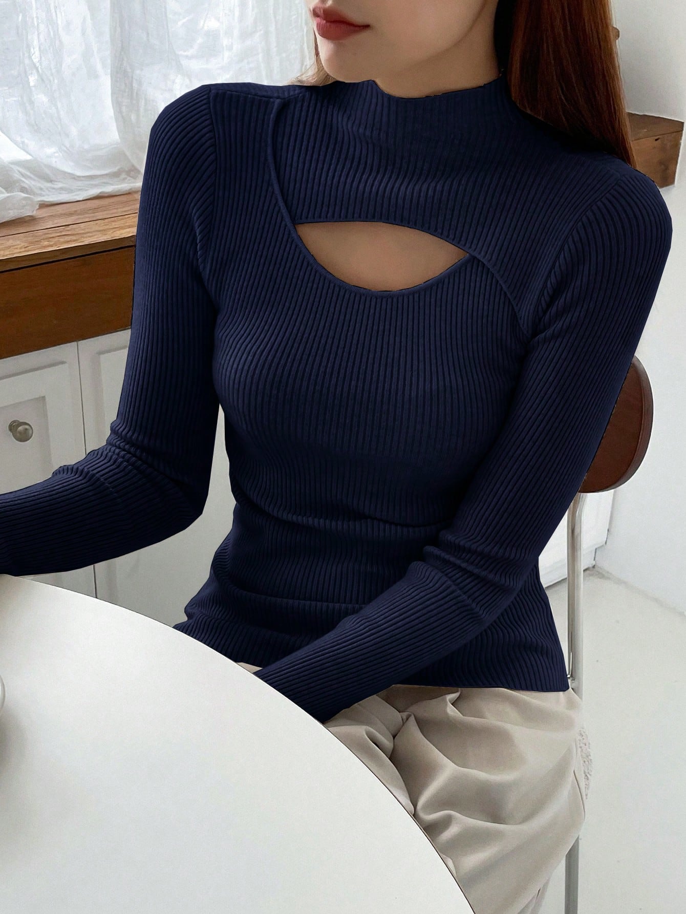 Stand Collar Long Sleeve Hollow Pullover Tops