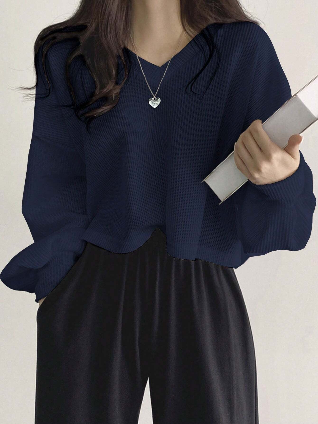 Solid Color V-Neck Dropped Shoulder Long Sleeve Loose Casual T-Shirt