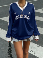 New Letter Print Colorblock Long Sleeve Casual T-Shirt