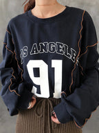 Round Neck Contrast Stitching Wavy Hem Letter Print Sporty Long Sleeve Street T-Shirt, Autumn