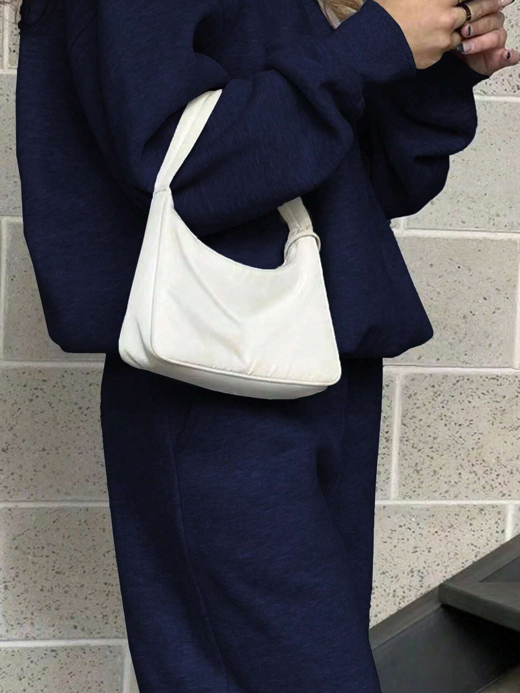 Solid Color Zipper Half Placket Dropped Shoulder Long Sleeve Sweatshirt And Loose Casual Pants 2 Pieces Set
