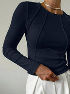 Solid Color Split Half-Length Long-Sleeved Round Neck New Women's Top