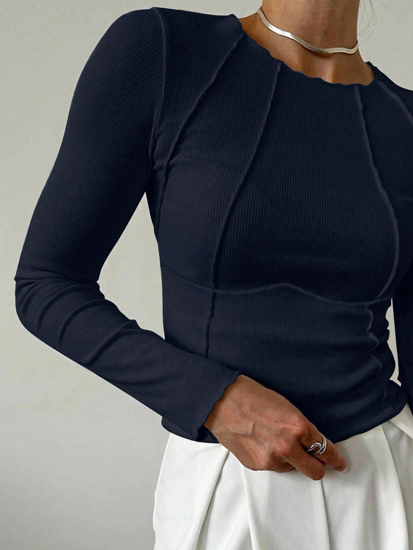 Solid Color Split Half-Length Long-Sleeved Round Neck New Women's Top