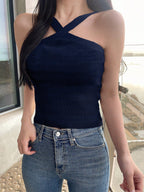 Striped Halter Neck Fitted Knit Top