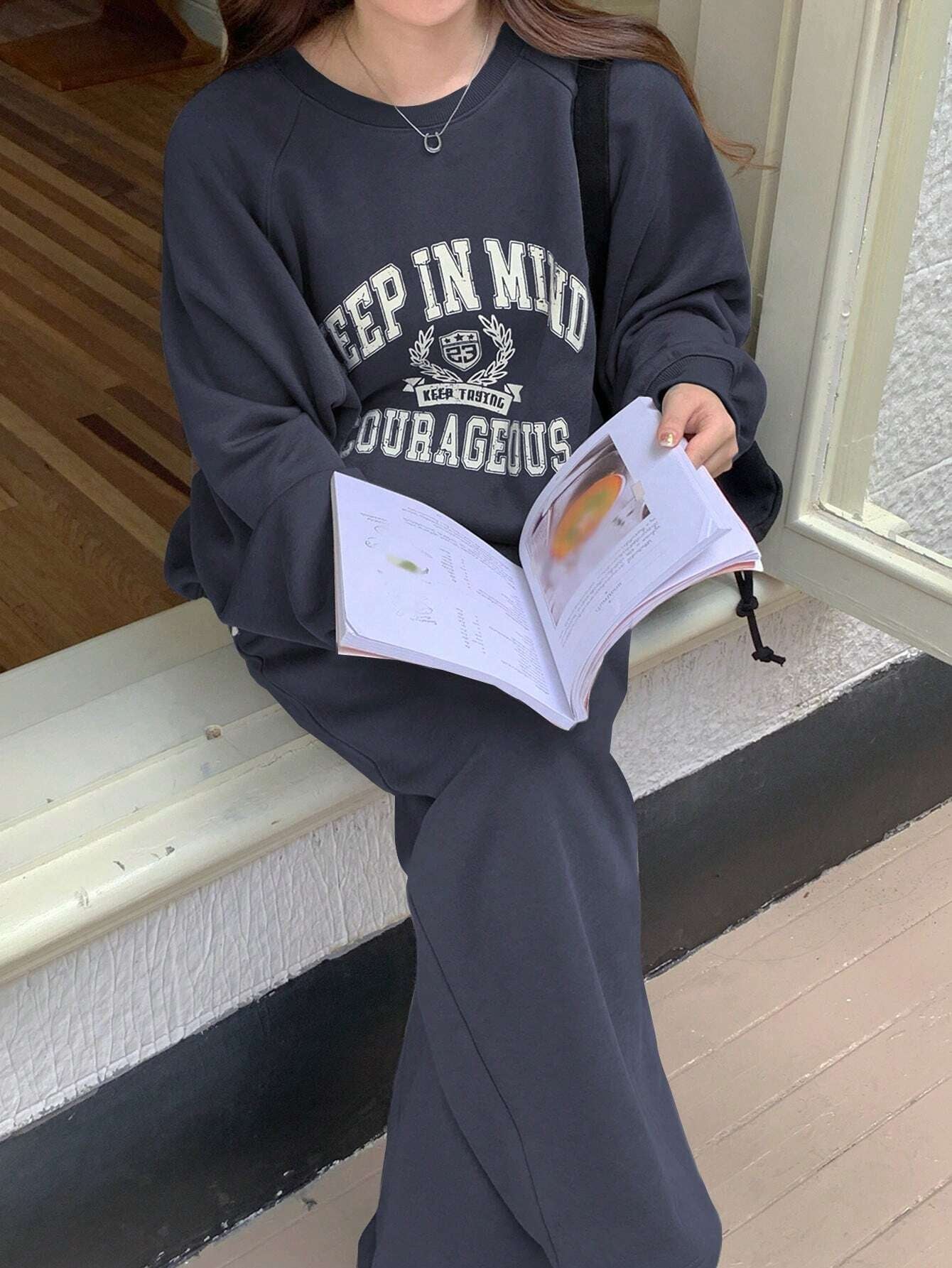 Casual Letter Printed Crew Neck Raglan Sleeve Sweatshirt And Sweatpants Set