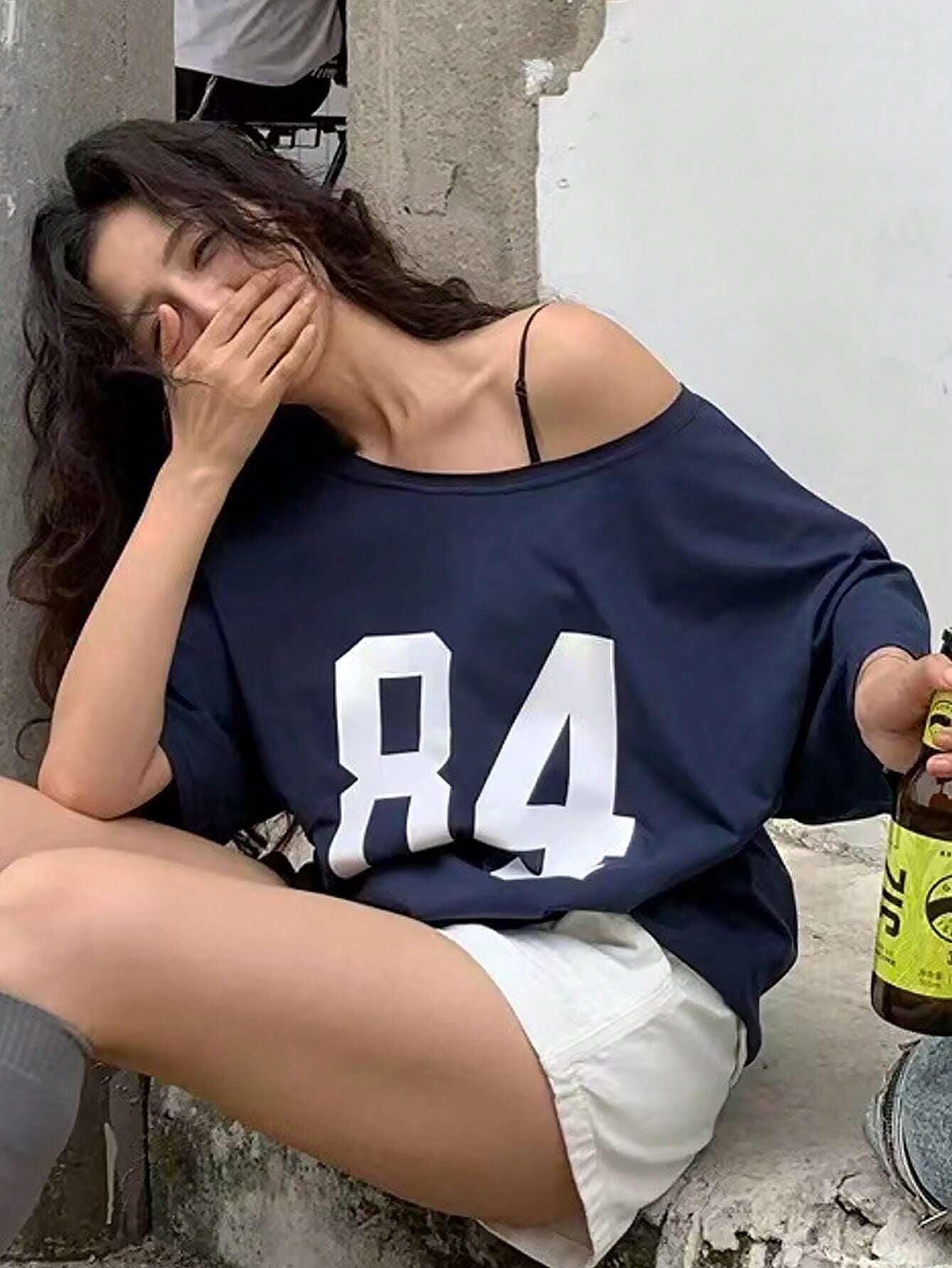 Numeric Print Asymmetric Collar Loose Casual T-Shirt, Summer Graphic Tees