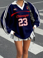 Casual Contrast Color Polo Collar Long Sleeve Loose T-Shirt