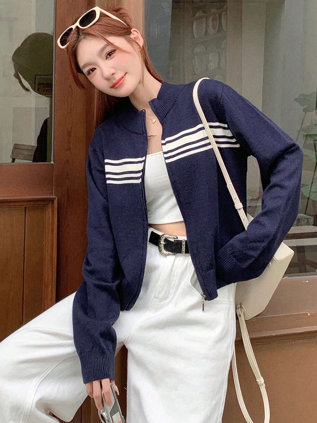 Color Block Striped High Neck Long Sleeve Zip Up Cardigan For Women,Fall Women Clothes Jacket