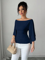 Solid Color Boat Neck Flare Sleeve Knit Fashion T-Shirt