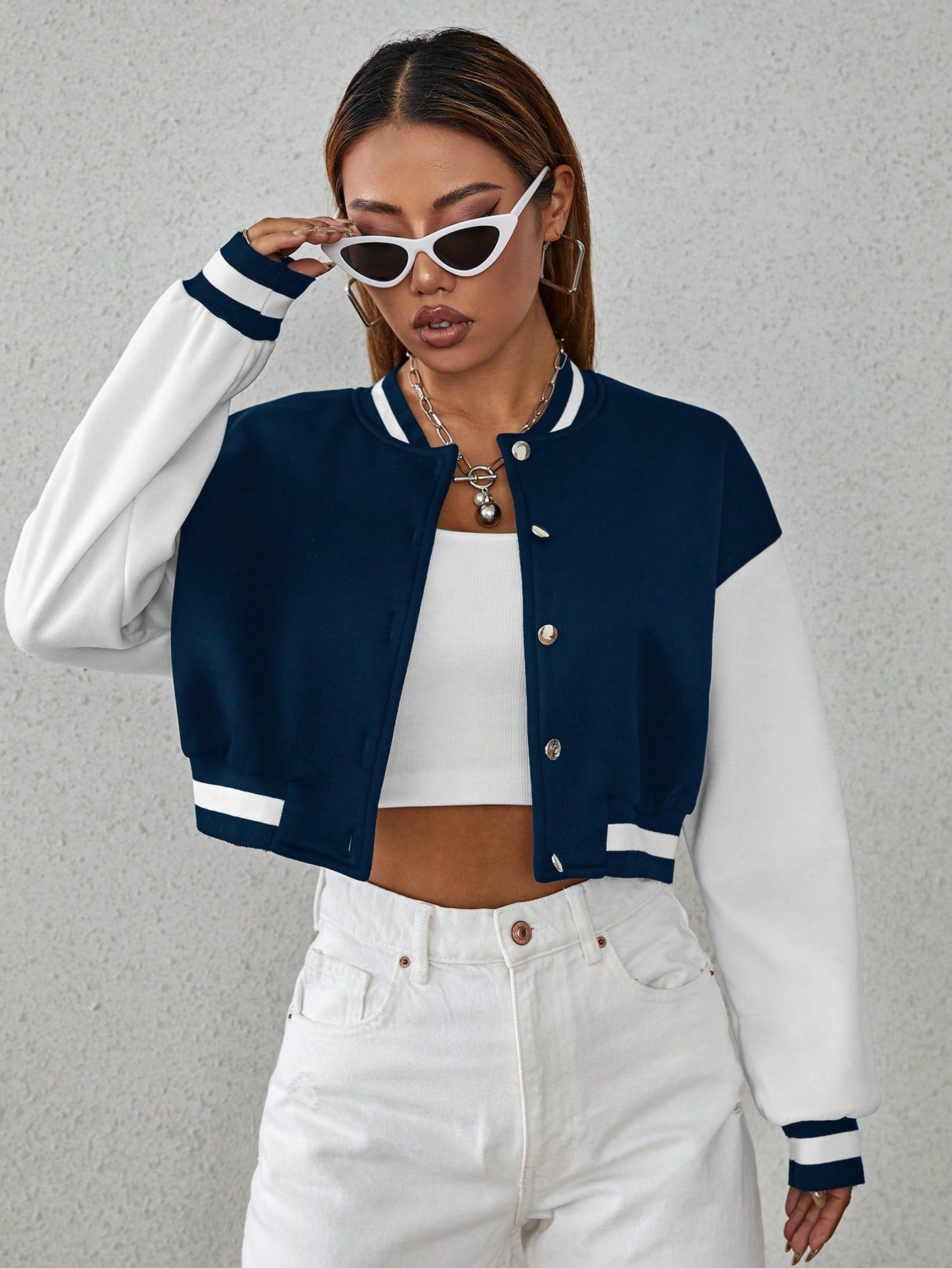 Drop Shoulder Two Tone Crop Varsity Jacket Fall Winter Cloth For Women