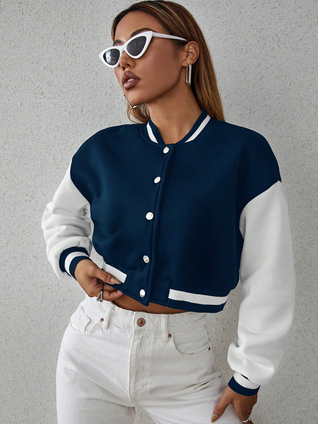 Drop Shoulder Two Tone Crop Varsity Jacket Fall Winter Cloth For Women