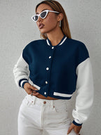 Drop Shoulder Two Tone Crop Varsity Jacket Fall Winter Cloth For Women