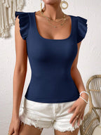 Solid Color Ribbed Knit Cap Sleeve Tee