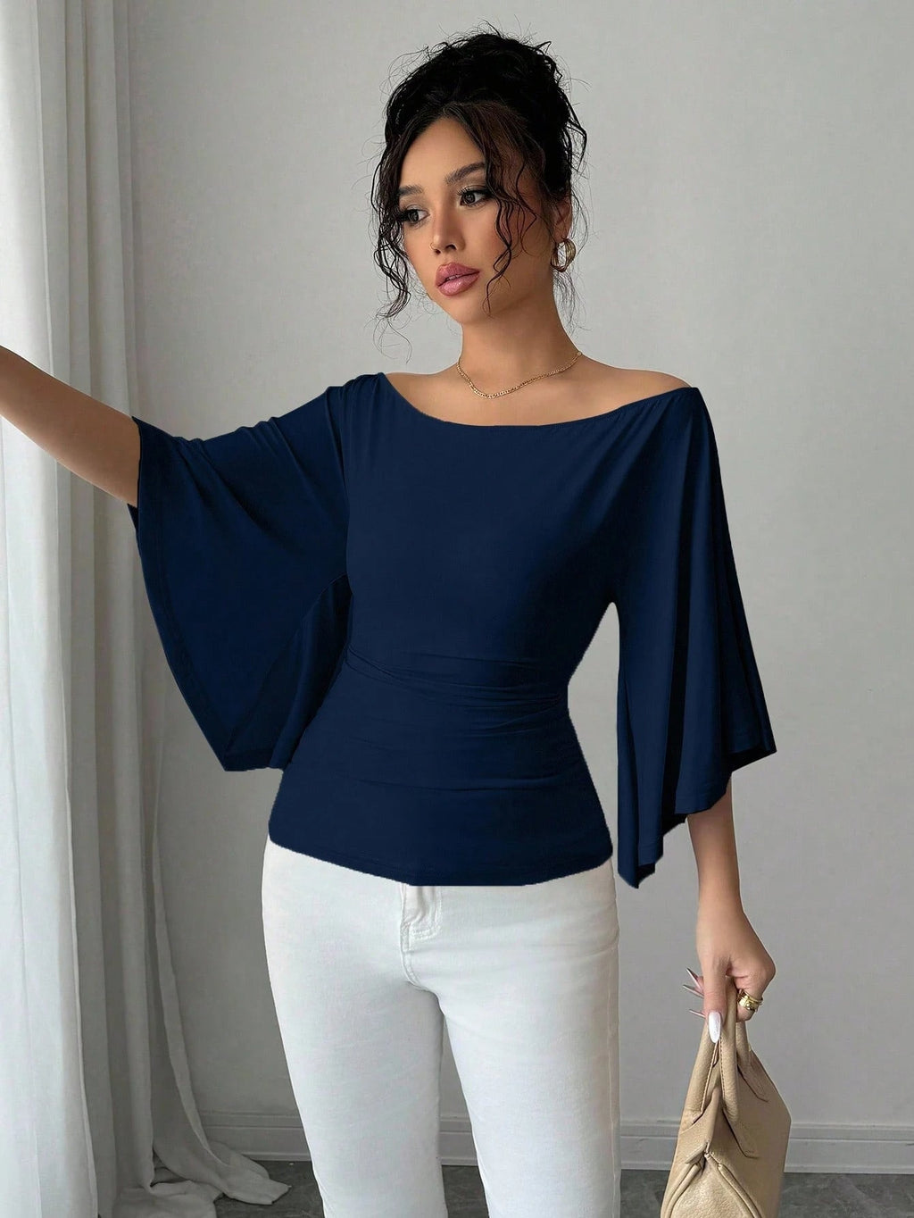 Solid Color Boat Neck Flare Sleeve Knit Fashion T-Shirt
