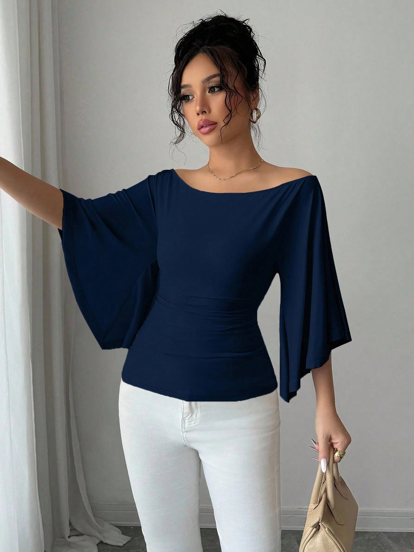 Solid Color Boat Neck Flare Sleeve Knit Fashion T-Shirt